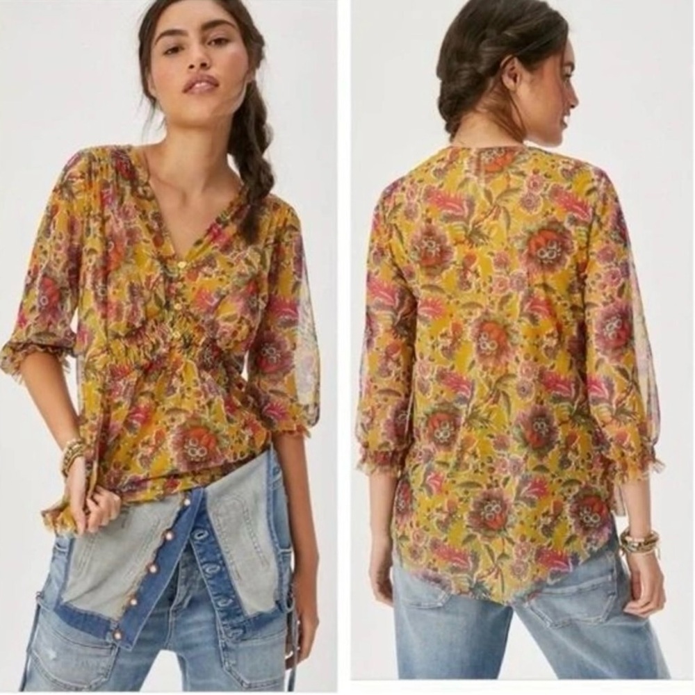 Anthropologie Gretchen Smocked Floral Mesh Tunic Size M